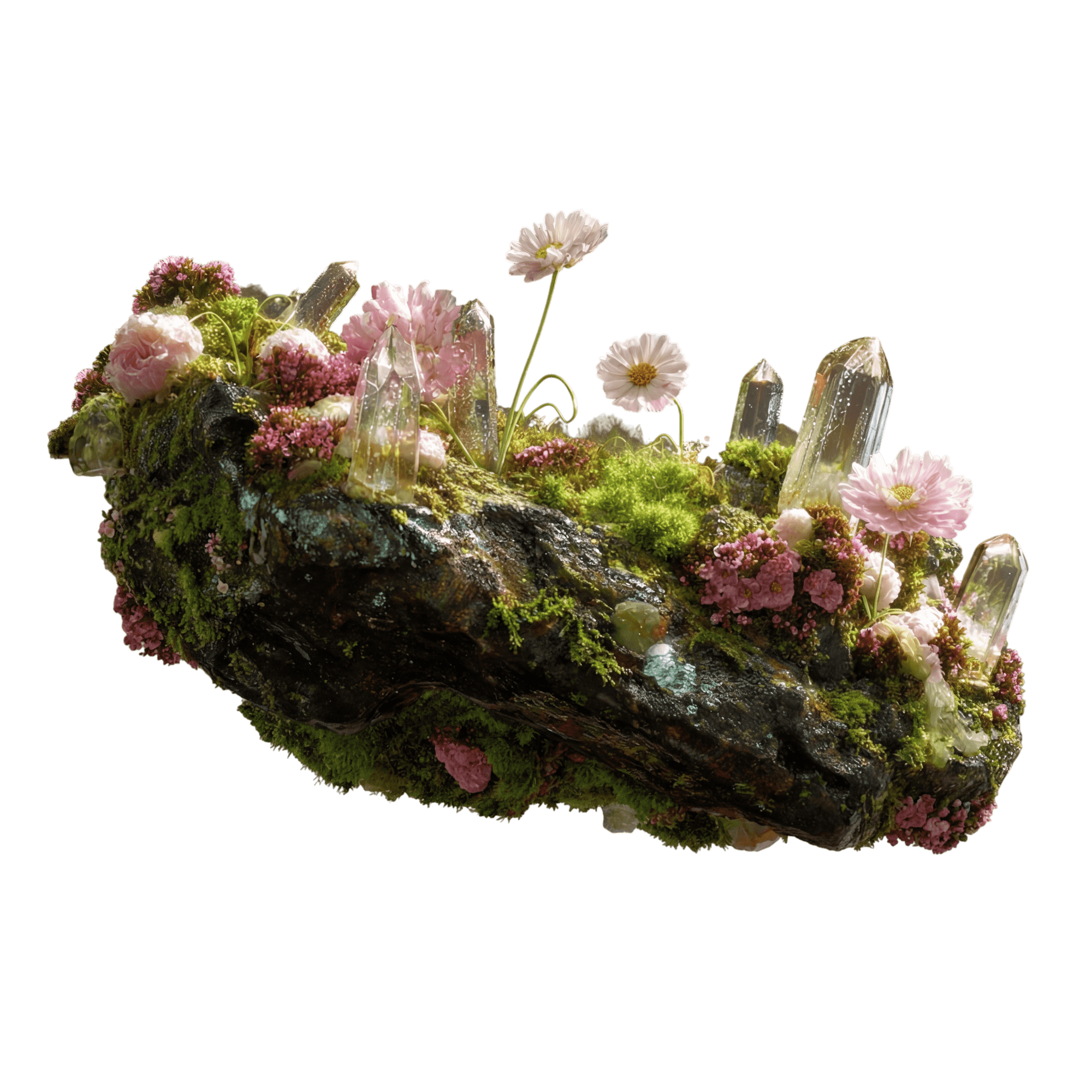 Floating Garden — wide moss-and-rock bed with pink blossoms