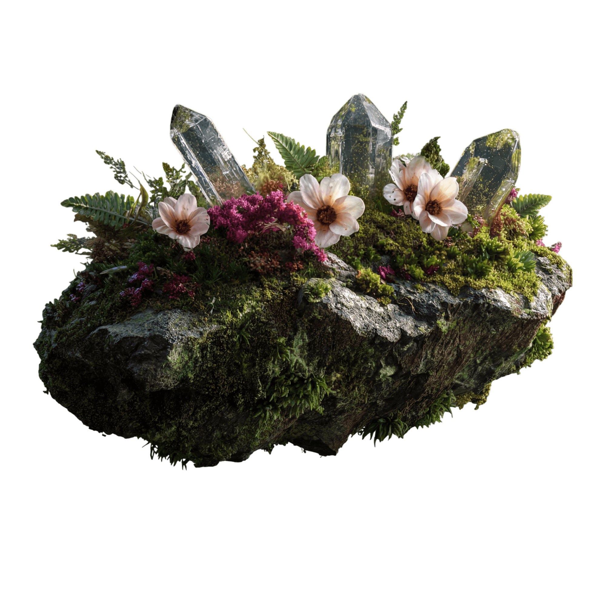 Floating Garden — three quartz crystals over moss bed with anemone-style blooms
