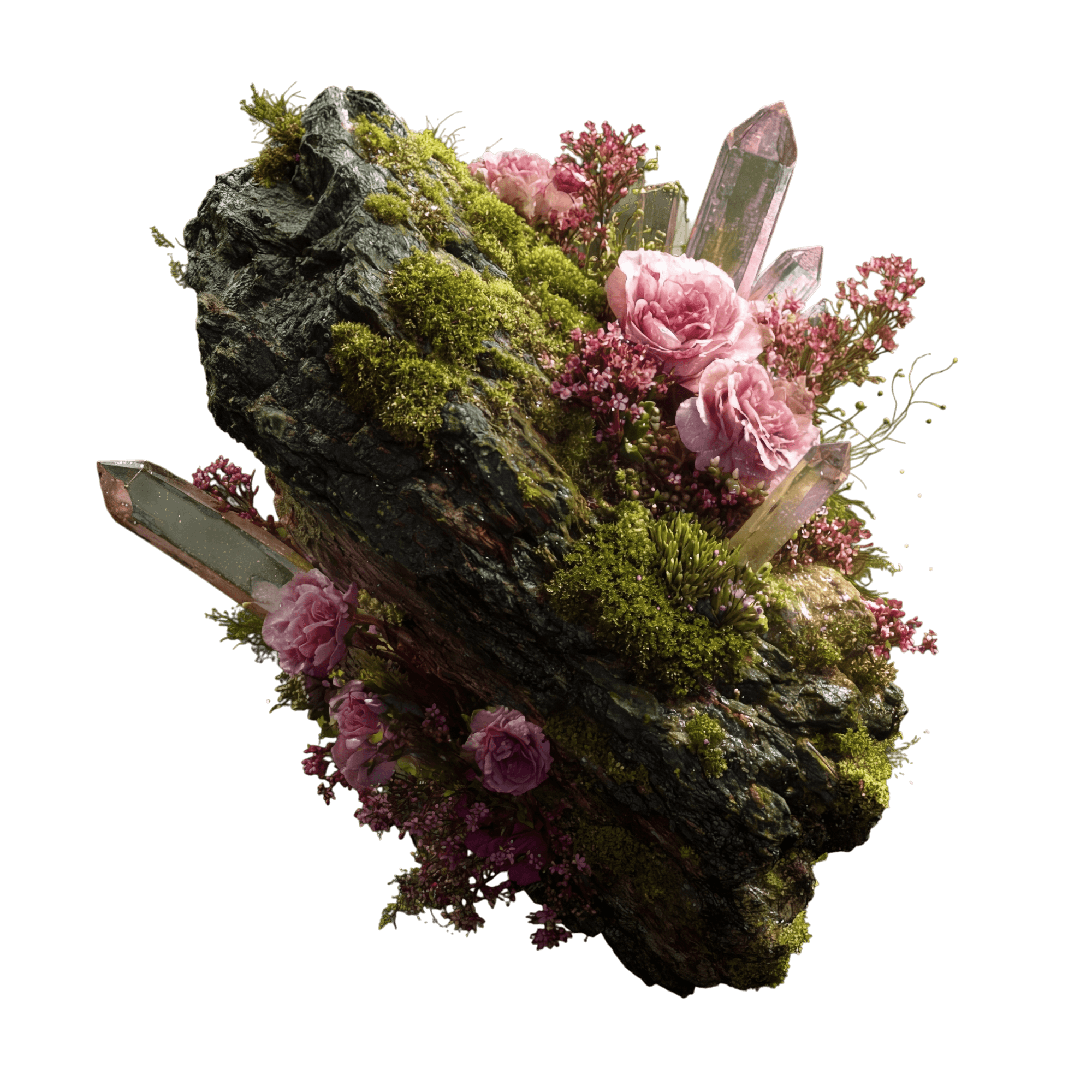 Floating Garden — vertical rock with pink rose cluster and quartz