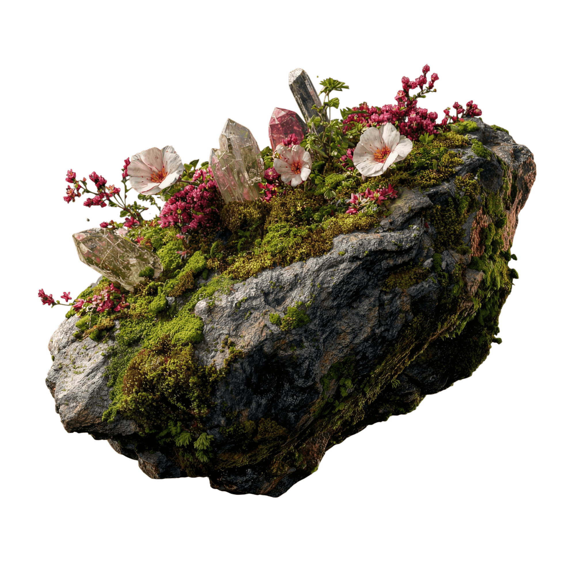 Floating Garden — mossy rock outcrop with quartz spire and pink blooms