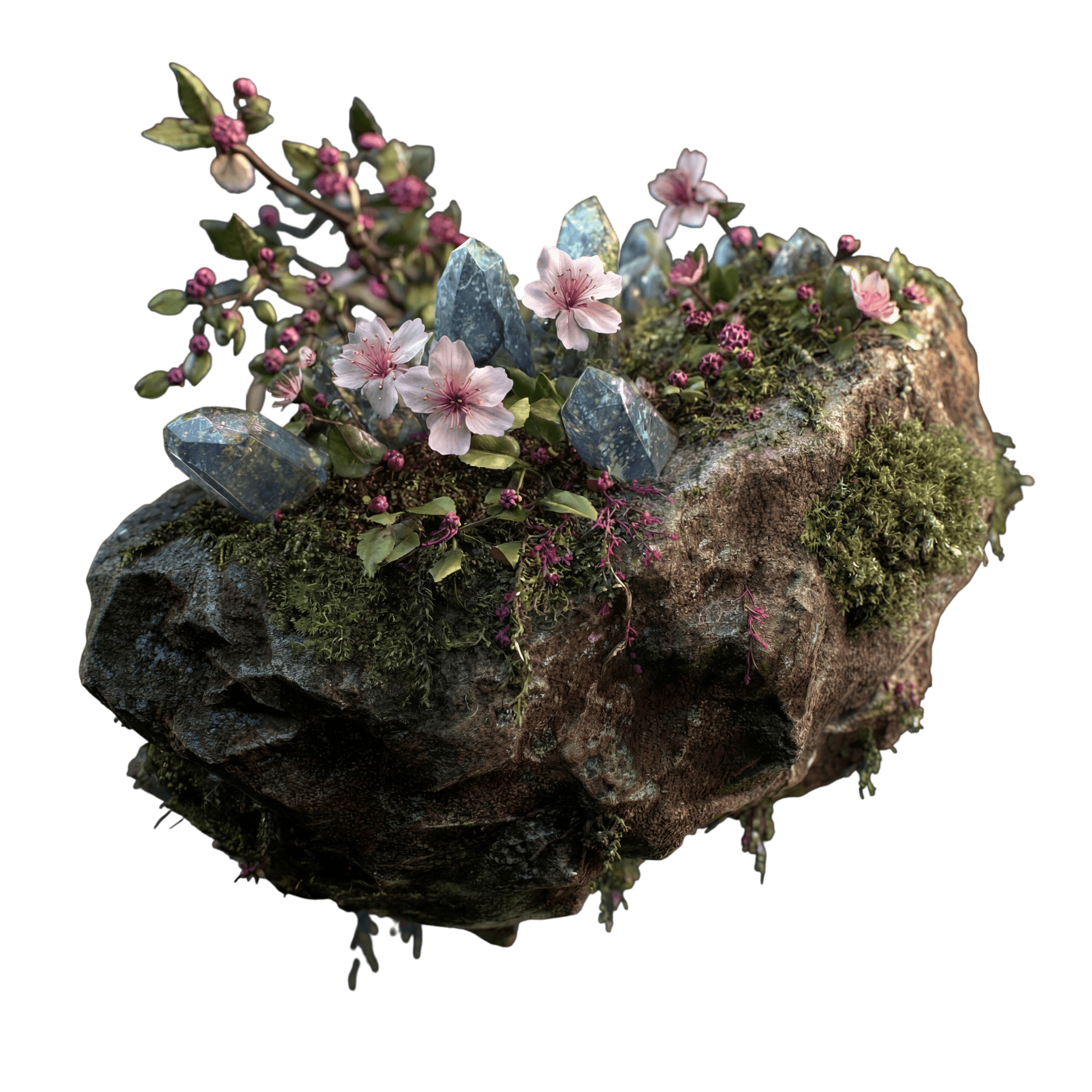 Floating Garden — dense moss with mixed wildflowers and crystals